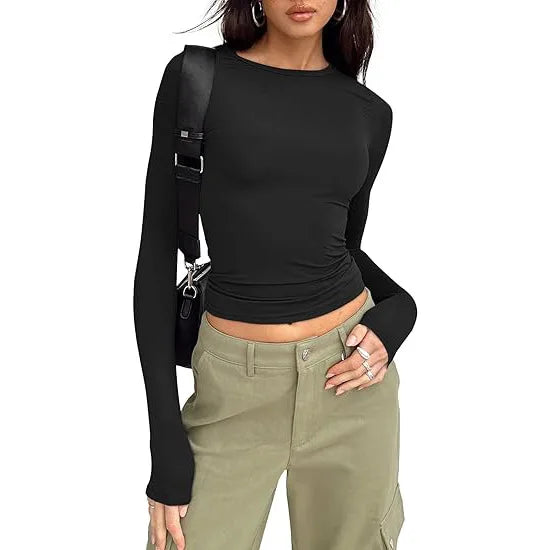 Fashion Senior Women's Long Sleeve Crew Neck Solid Slim Fit T-shirt Crop Top Ladies Daily Streetwear Casual Tee