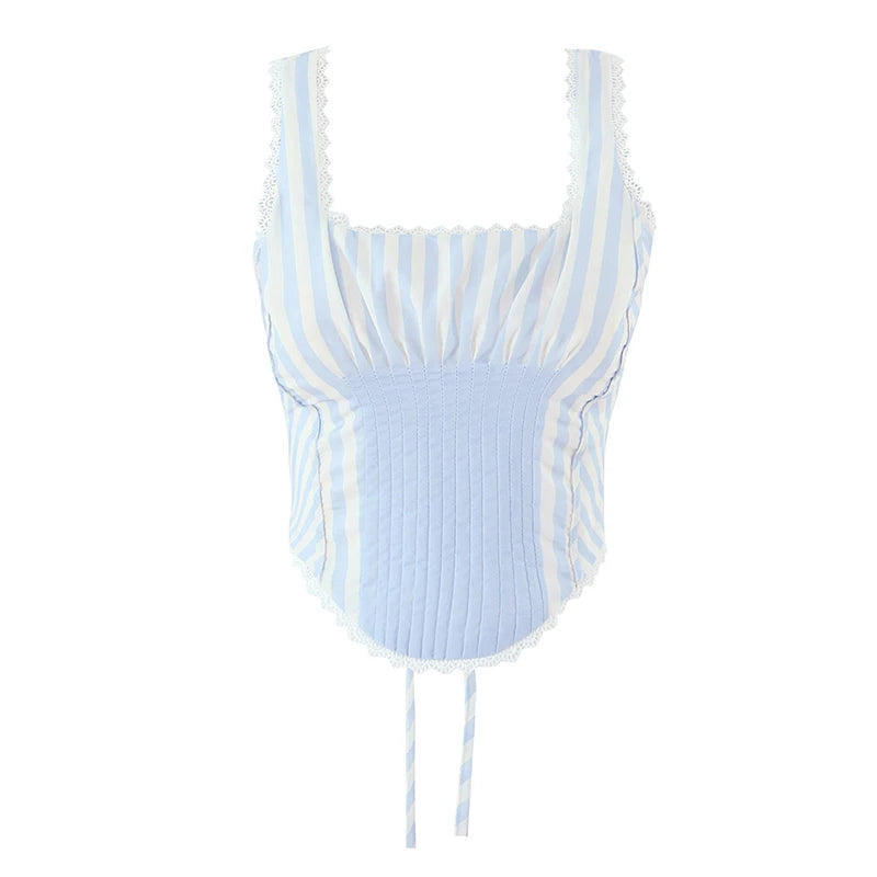 2025 Kanten gesplitste gestreepte korset camis dames kruis vetersluiting bandage rug vierkante hals zomer tanktop slim fit crop top