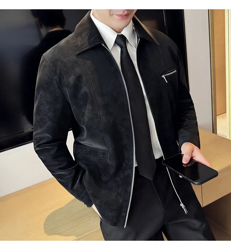 Men's Suede Casual Jacket, Lapel Fashionable Jacket, High-Grade Zipper Decorations, Business Casual Warm Male Coat