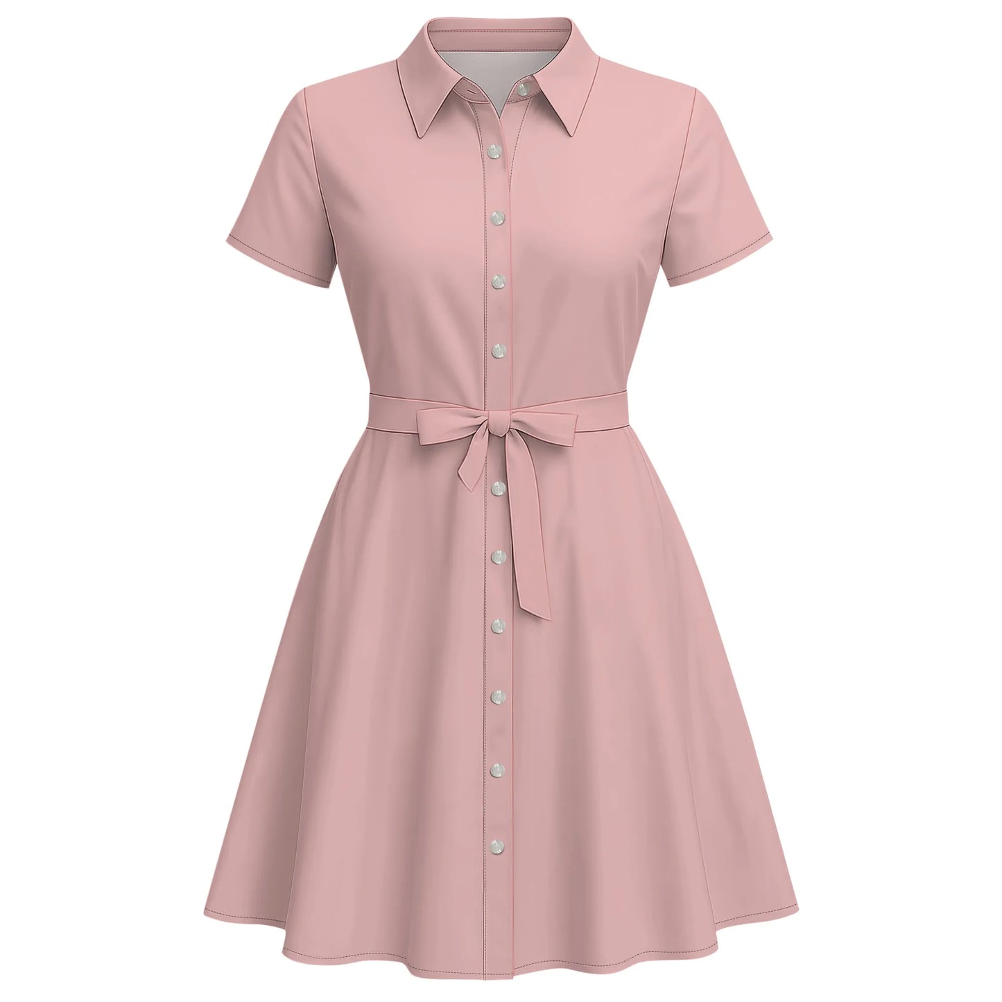 Women's Fashion Button Up Split Dresses Short Sleeve Casual Solid Color Midi Dress A-Line Swing Dresses with Belt