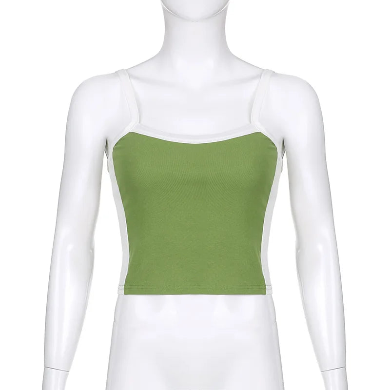 Women's Sleeveless Knitted Crop Tops Green Sexy Basic Patchwork 2023 Summer Casual Cami Backless Y2k Vintage Tank Top