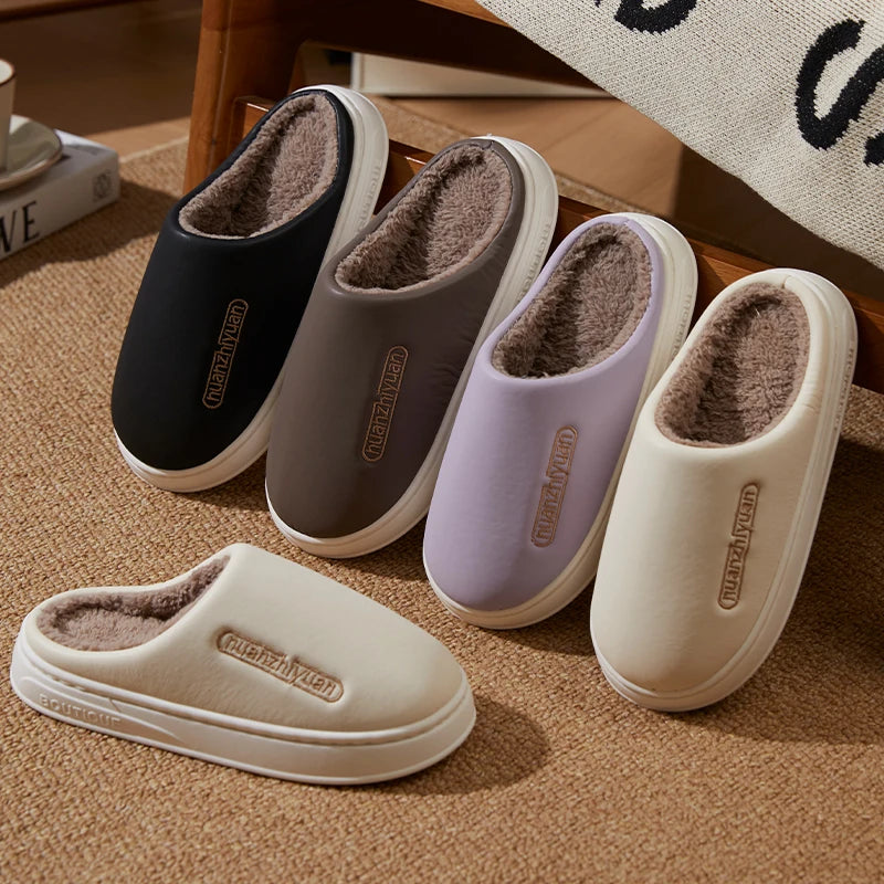Unisex Anti-slip Waterproof Winter Cotton Slippers Women Men Home Indoor Warm House Shoes Couple Soft Flat PVC Sole Footwear