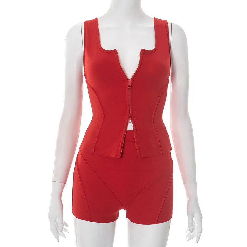 Casual Women 2 Piece Set Stretch Double Zip Tank Tops + Shorts Matching Patchwork Simple Basic Streetwear Tracksuit