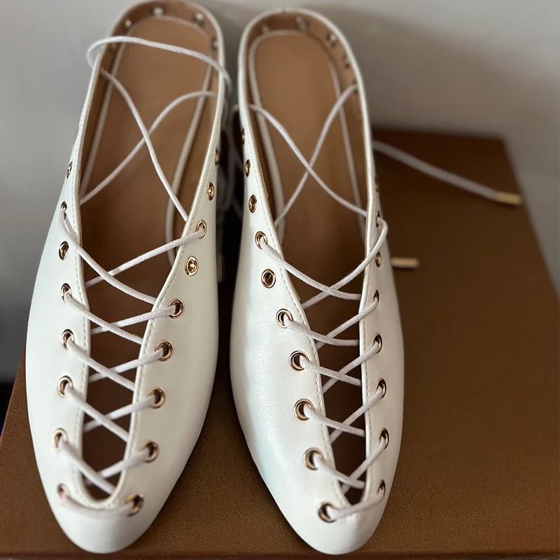 Women White Closed ToeLace Up Mules Kitten Heel Stiletto Summer Sandals Coeset Heels