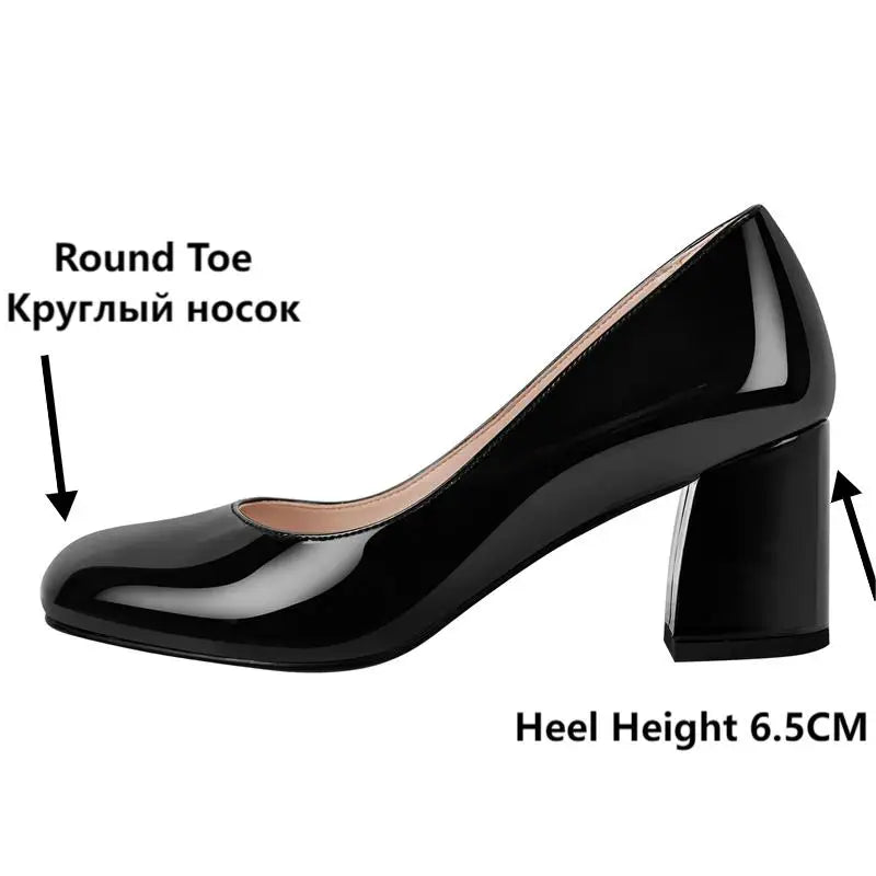 Women Pumps Black Round Toe Block Classic Slip On Thick Heel Office Dress Elegant Handmade Chunky Shoes