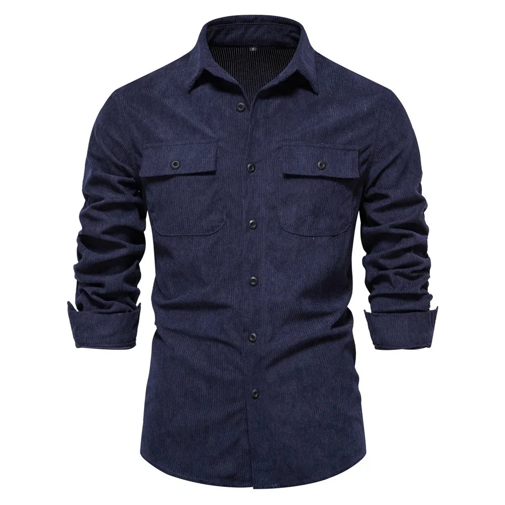 Thicken Autumn Men Shirt Solid Colour Business Casual Corduroy Shirt With Pocket for Men