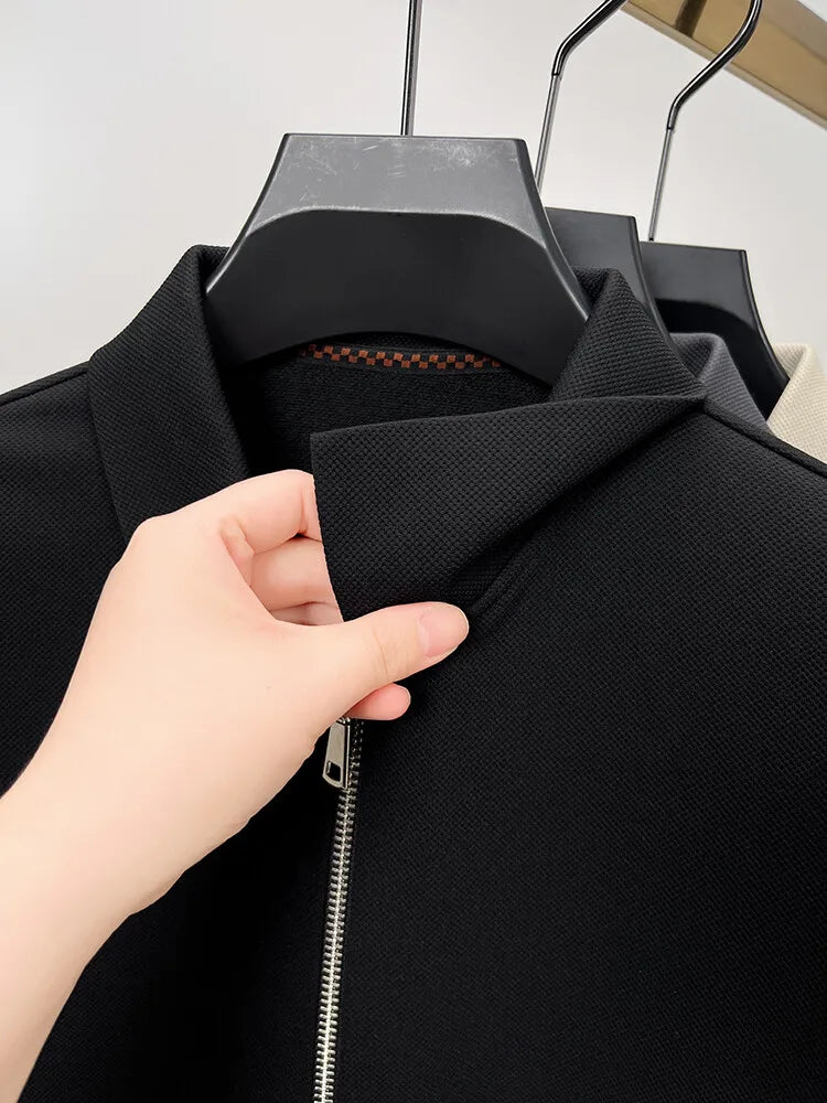 Men's Solid Colour Business Casual Autumn and Winter Jacket, Suitable For Daily Commuting, Stretchy Knitted Zip-Up Male Cardigan