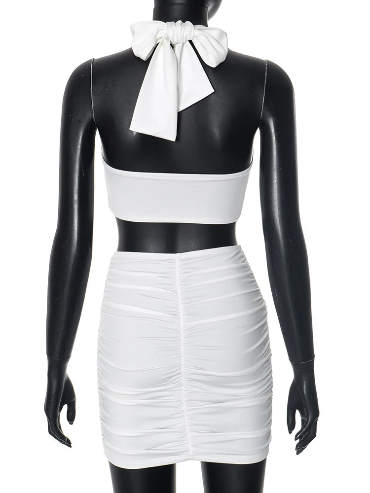 Love Rings Patchwork 2 Piece Set Cross Women Halter Crop Tops + Ruched Hollow Skirts Matching Hottie Street Trend Suits