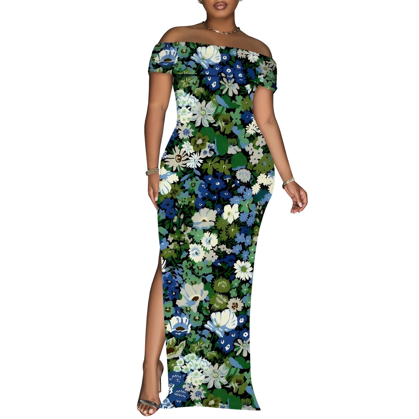 Off Shoulder Bodycon Maxi Dress for Women Floral Print Summer Elegant Party Dress Slim Fit Slit Gown
