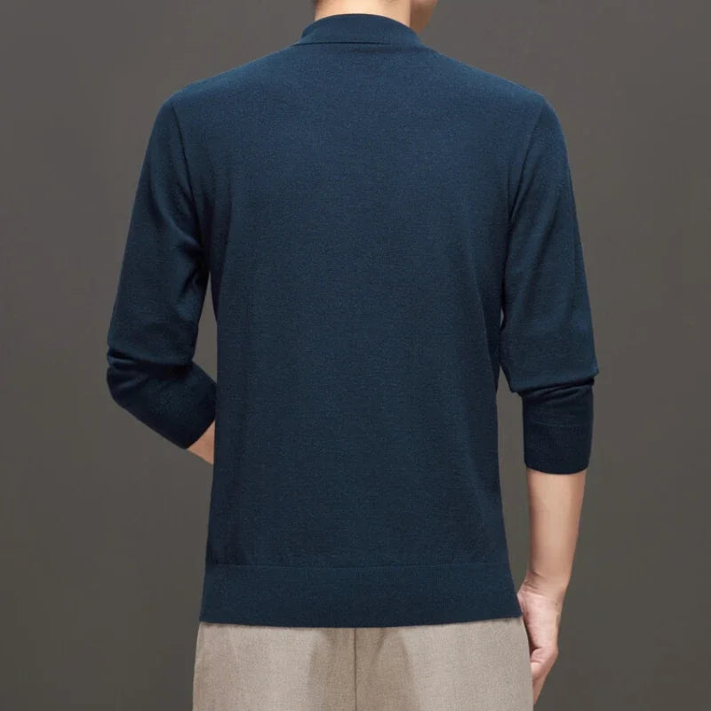 Men's Solid Colour Geometric Pattern Warm Polo, High Quality Woollen Sweater, Suitable For Business Casual & Daily Commute