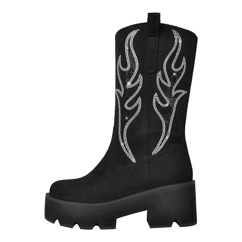 Women Platform Mid Calf Boots Black Chunky High Heels Big Size Lady Short Booties