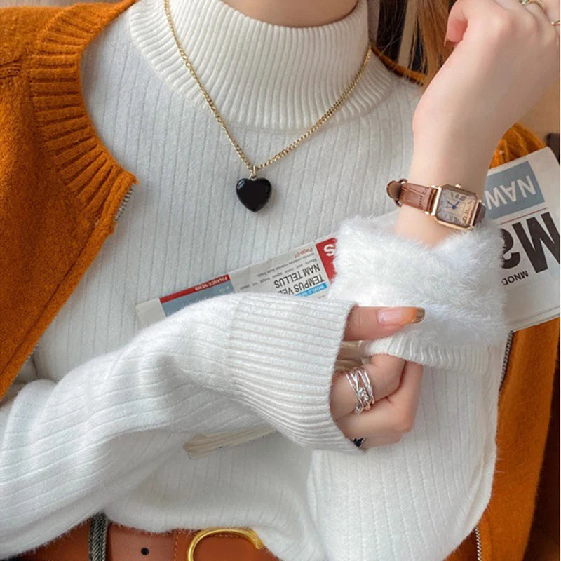 Women's Turtleneck Sweater Winter Retro Red With Velvet Lining Thickened Inner Wear Thermal Knitting Bottoming Shirt