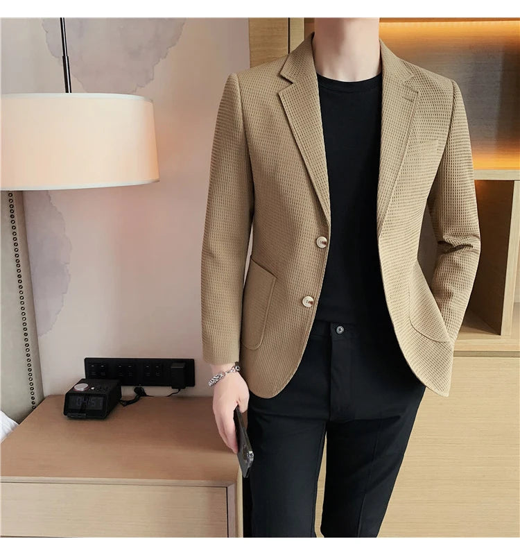 Men’s Waffle Plaid Blazer Coat, Hounds-Tooth Pattern, Wool-Blend Overcoat for Autumn & Winter - Lightweight, Stretchable