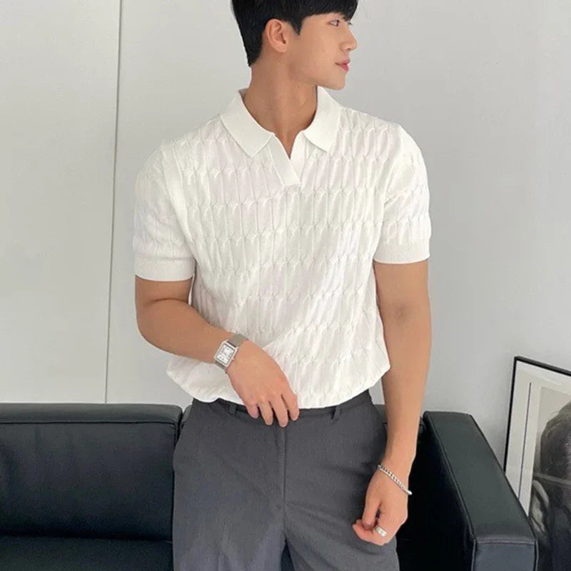 Men's Jacquard Knitted Polo, Casual V-Neck Striped T-shirt, Solid Colour Short Sleeved Lightweight Breathable Luxury Male Clothing
