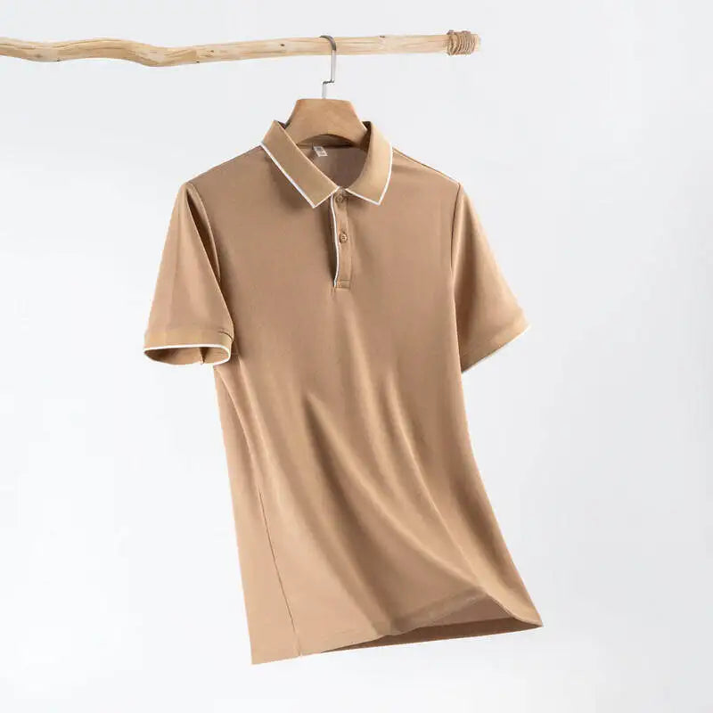 Men's Business Casual Polo Shirt With White Trim Short Sleeve, Classic Collar Design, Breathable, & Male Stylish T-Shirt