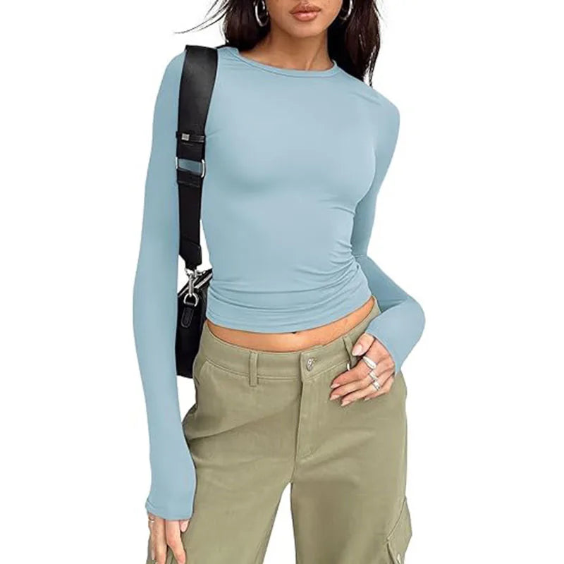 Fashion Senior Women's Long Sleeve Crew Neck Solid Slim Fit T-shirt Crop Top Ladies Daily Streetwear Casual Tee