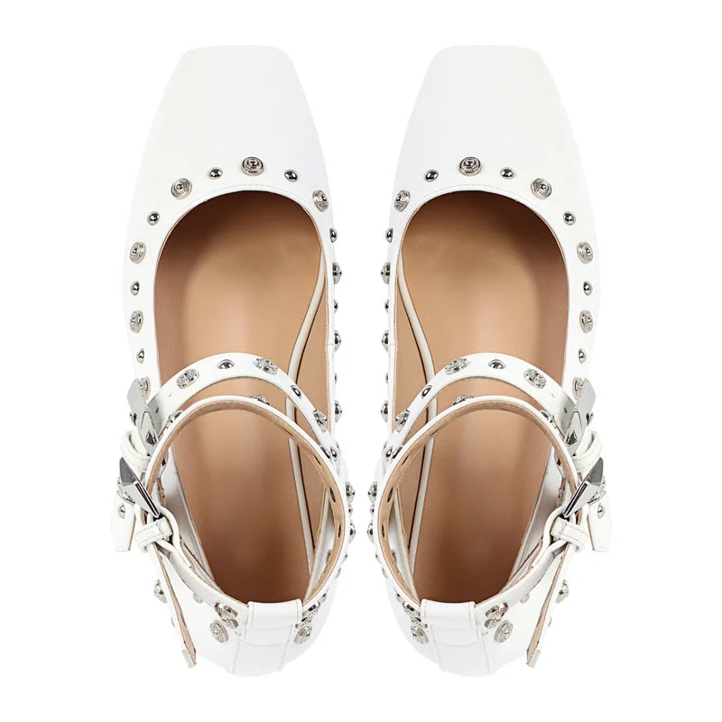 Women White Square Toe Buckle Strap Mary Jane Flats Elegant Big Size Daily Flats Pumps