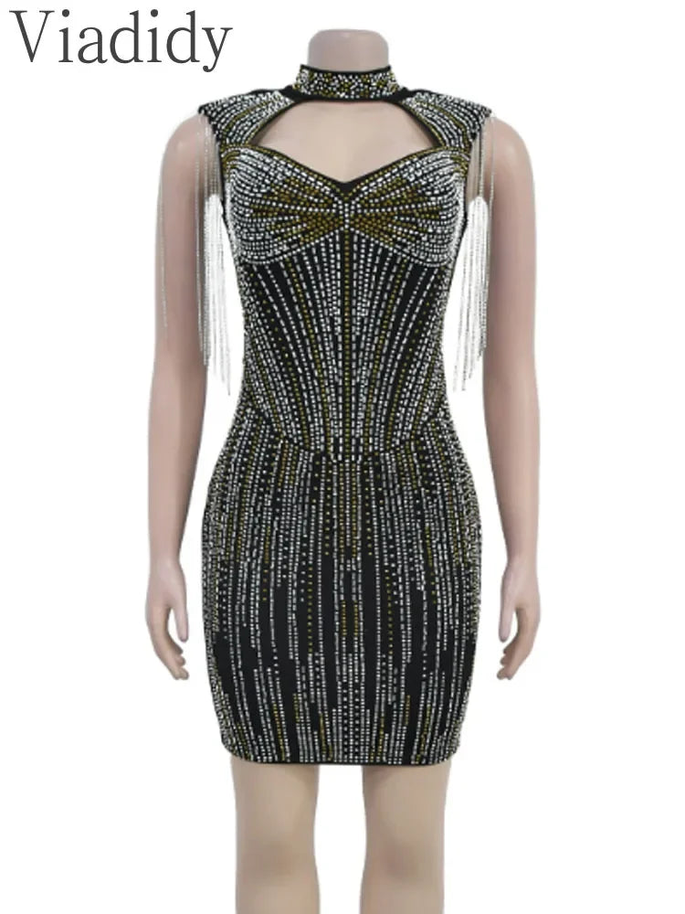 Sexy Sleeveless Rhinestone Decor Tassels Hollow Out Mini Dress