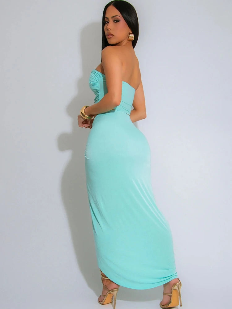 Metal Buckle Hollow 2 Piece Set Women Y2K Solid Ruche Tube Tops + Irregular Split Maxi Skirt Matching Clubwear Outfits