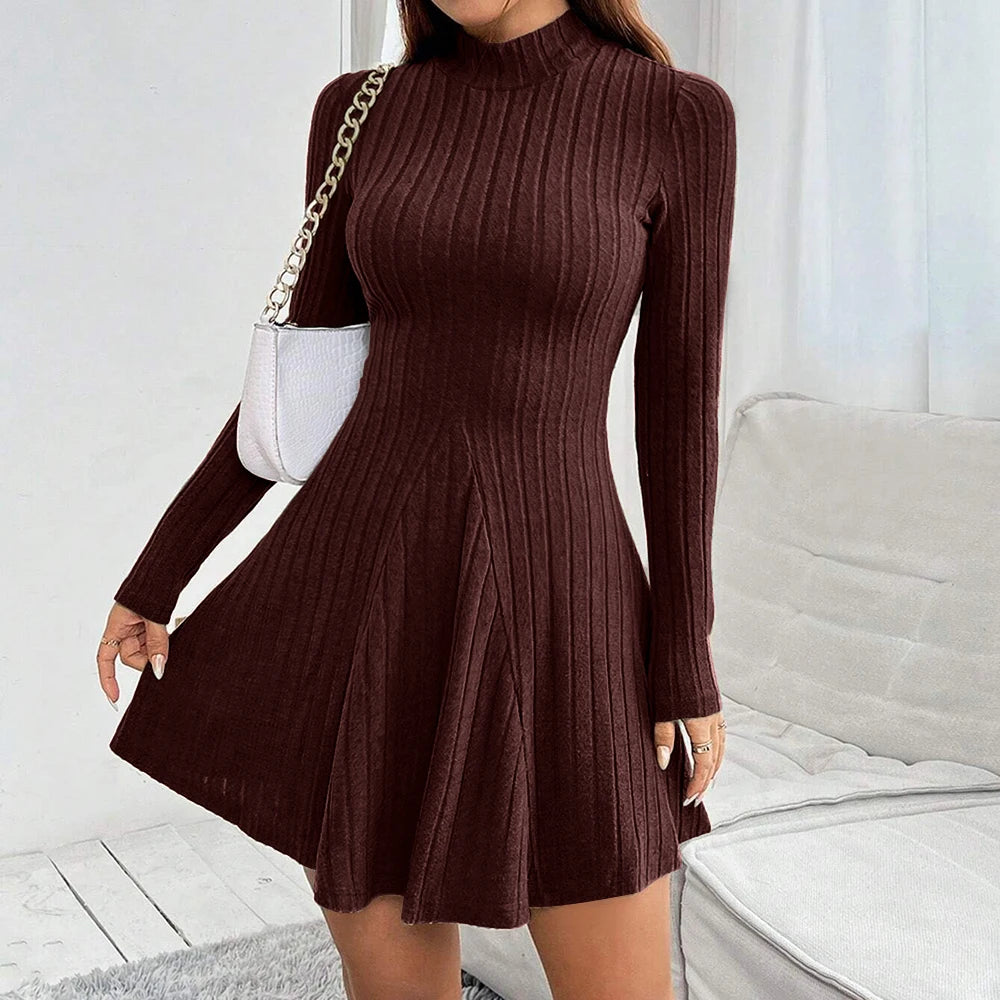 Women's Dresses Fall Winter Simple Solid Colour Long Sleeve Mock Neck A Line High Waisted Flare Hem Casual Short Dresses