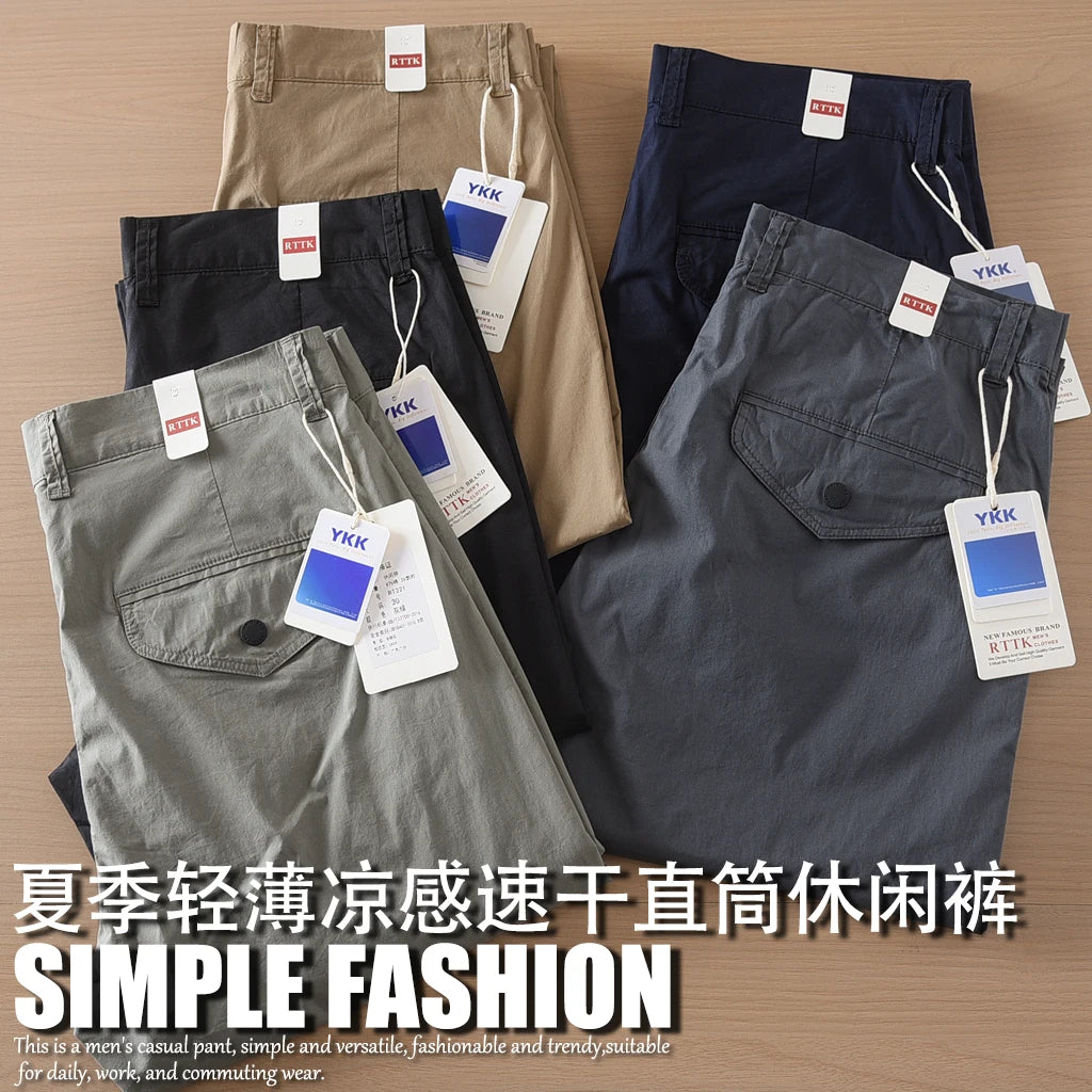 2025 Summer New American Retro Thin Quick-drying Elastic Commute Pants Men's Simple 97% Cotton Washed Casual Straight Trousers