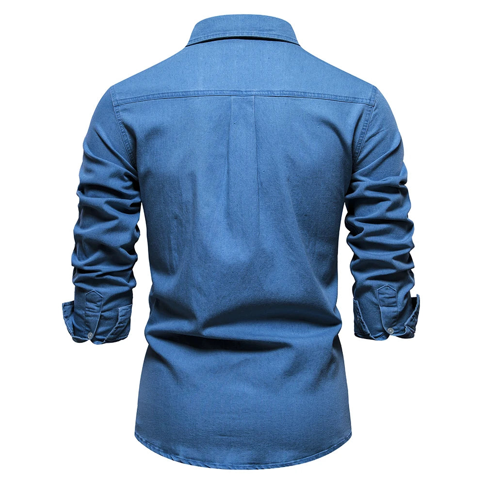 Men's Autumn Cotton Denim Shirt Solid Colour Single Pocket Casual Long Sleeve Jeans Shirt for Men