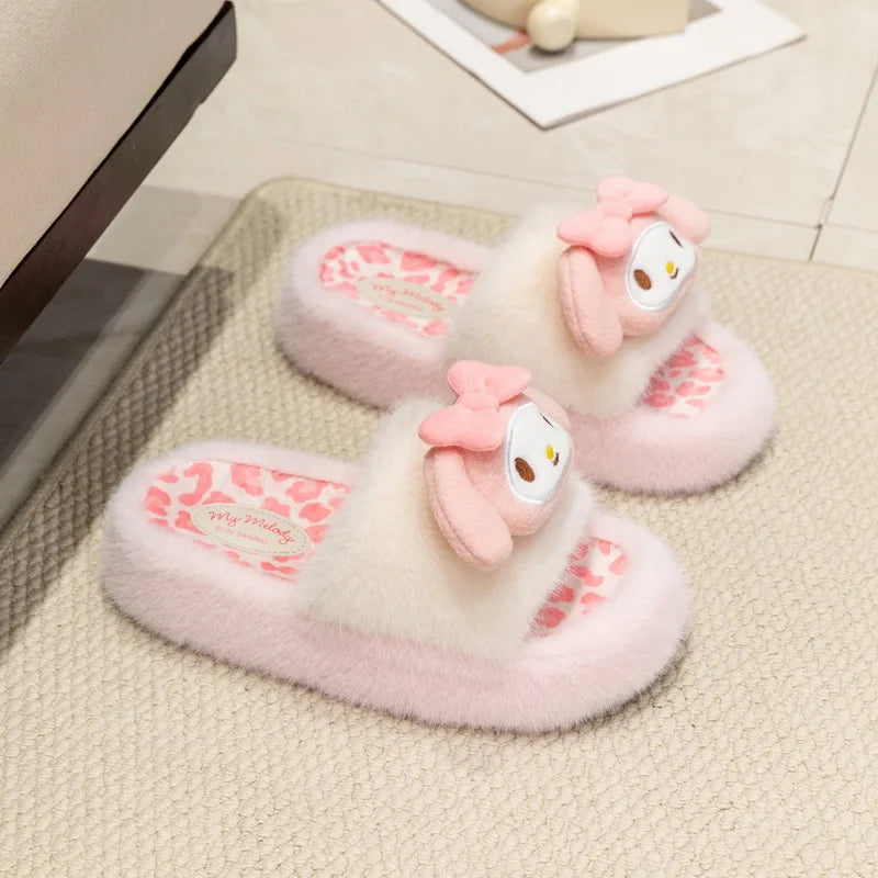 Kids' Slippers House Shoes Cartoon Kuromi Hello Kitty Open Toe Warm Winter Shoes Anti-Slip Shoes For Girls Size 36-41