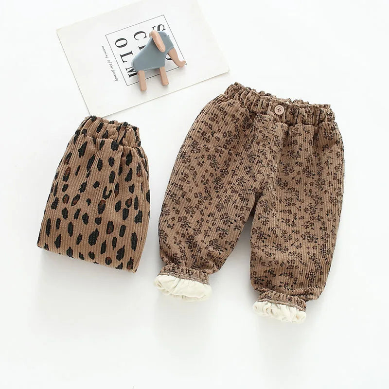 New Autumn Girls Boys Casual Pants Leopard Print Kids Corduroy Pants Loose Korean Version Fashion Children Trousers 1-8T Unisex