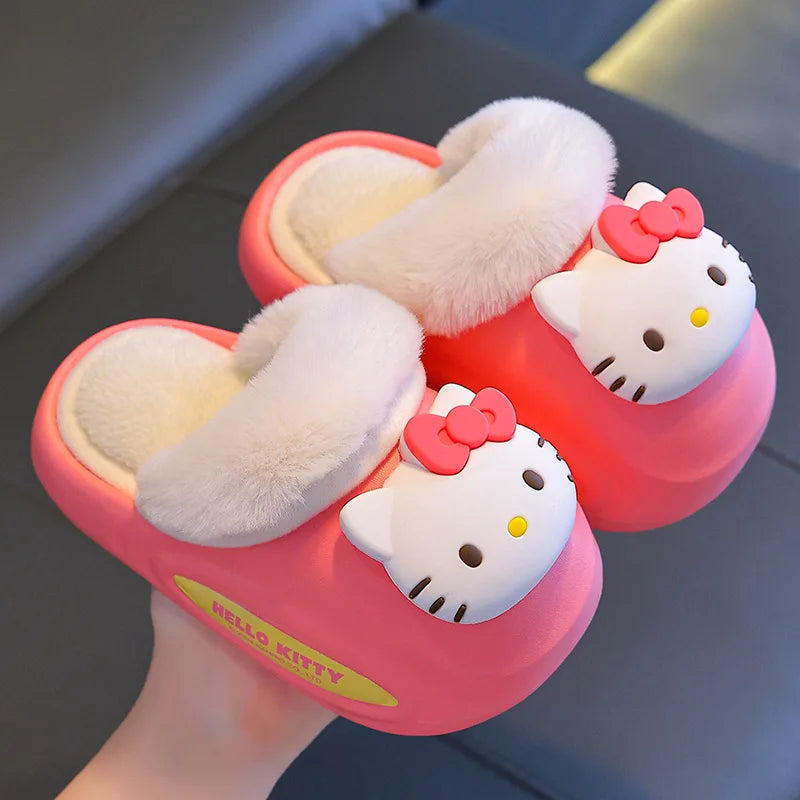 Girls' Home Fur Slippers Kawaii Anti-Skid Warm Cotton Cartoon Plush Waterproof Home Winter Shoes Size 24-41