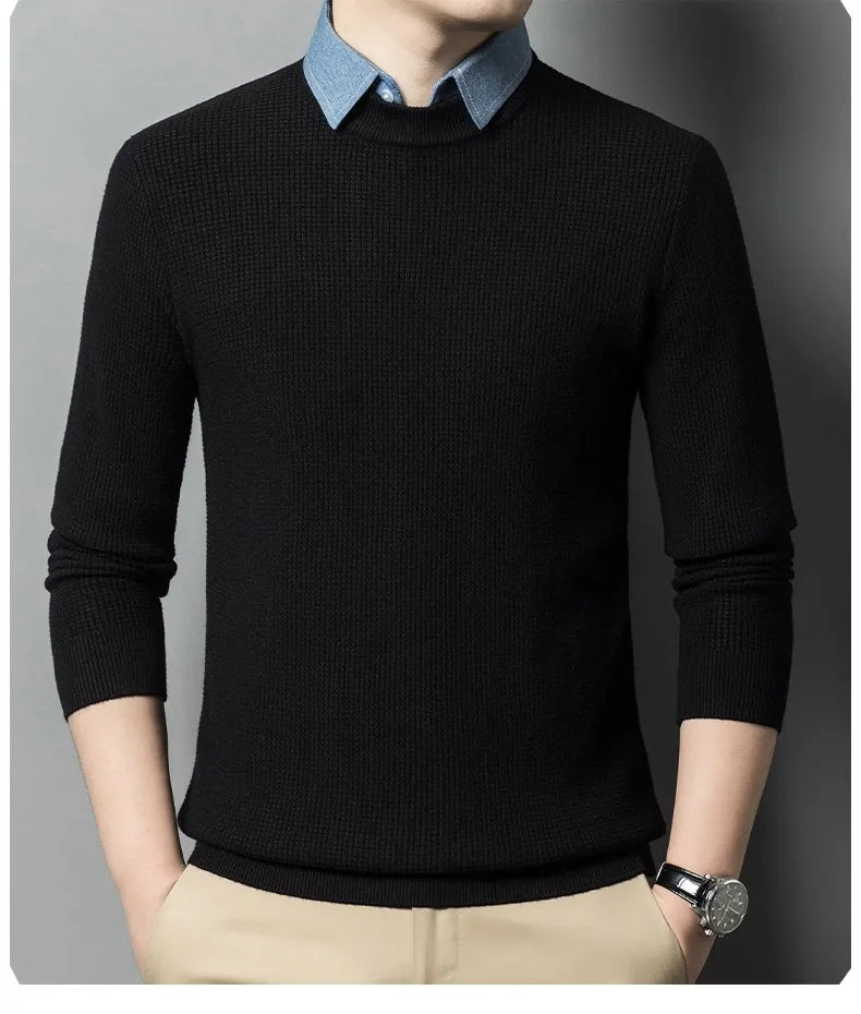 Men's Top Grade Fake Two Collared Fashion, Designer Knitted Pullover Sweater, Casual Brand Slim Fit Male Jumpers