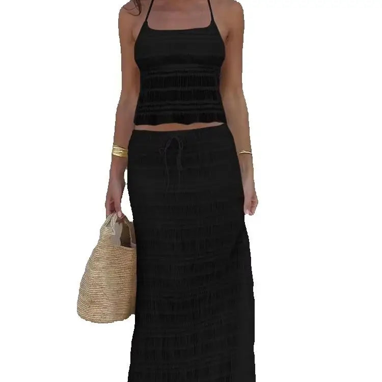 Sexy See-Through 2 Piece Set Women Lace-Up Halter Backless Crop Tops + Ruched Elegant Skirts Vacation Beach Party Suits