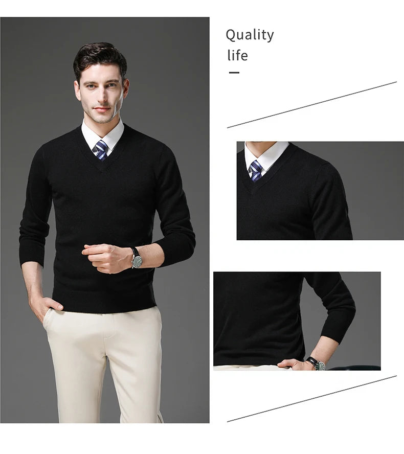 Men's Warm V-Neck Solid Colour Sweater, Autumn & Winter Stretch Top, Daily Leisure Pullover Knitwear, Male Business Casual