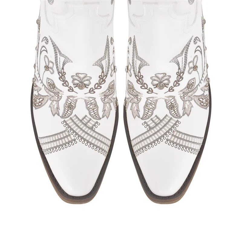 Women Pointed Toe Embroidered White Western Cowboy Boots Block Heel Pull-On Cowgirl Booties