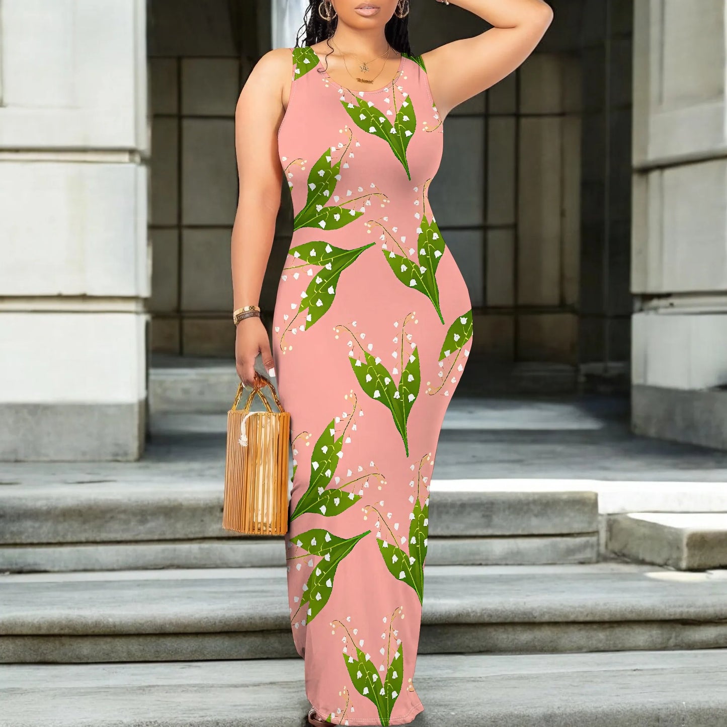 Lily of the Valley Print Maxi Dress Sleeveless Green Leaf Pink Bodycon Long Dress for Women Spring Summer Look