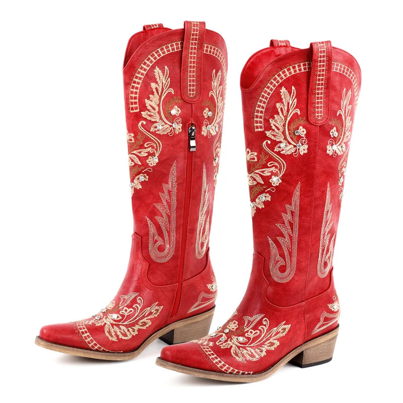 Women Pointed Toe Embroidered White Western Cowboy Boots Block Heel Pull-On Cowgirl Booties