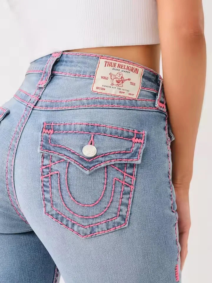 Jennie Mid-Rise Super T Skinny Jeans Women's High-Waisted Embroidered Casual Tight Fit Cotton Blend Washed Pencil Pants