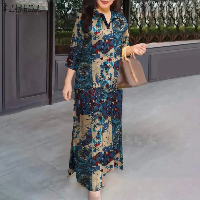 Women 3/4 Sleeve Long Dresses Autumn Fashion Lapel Neck Cotton Shirtdress Vintage Floral Print Maxi Shirt Dress