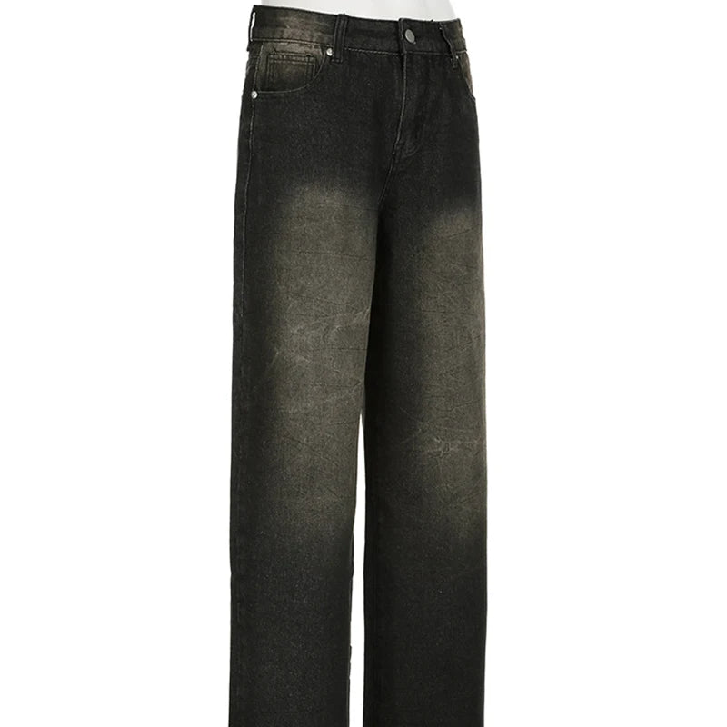 Women's American Vintage Loose Black Jeans Streetwear High Waist Straight Wide Leg Pants Casual Simple All-match Denim Pants