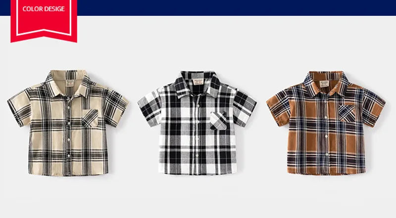 New Summer Kids Shirt Boys Girls Colour Blocked Grid T-shirt Children Breathable Loose Outwear Tops 2-6T Unisex