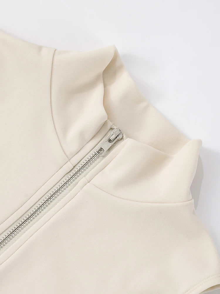 Simple Lines Patchwork 2 Piece Set Women Zipper Cardigan Irregular Crop Top + Skinny Peach Hip Shorts Sporty Streetwear