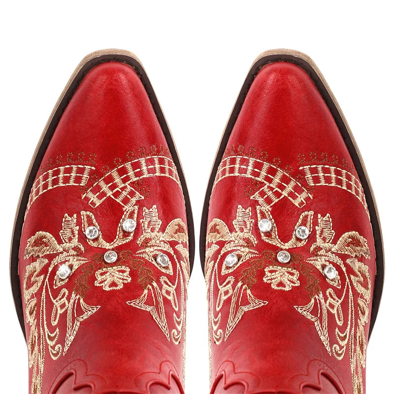 Women Pointed Toe Embroidered White Western Cowboy Boots Block Heel Pull-On Cowgirl Booties