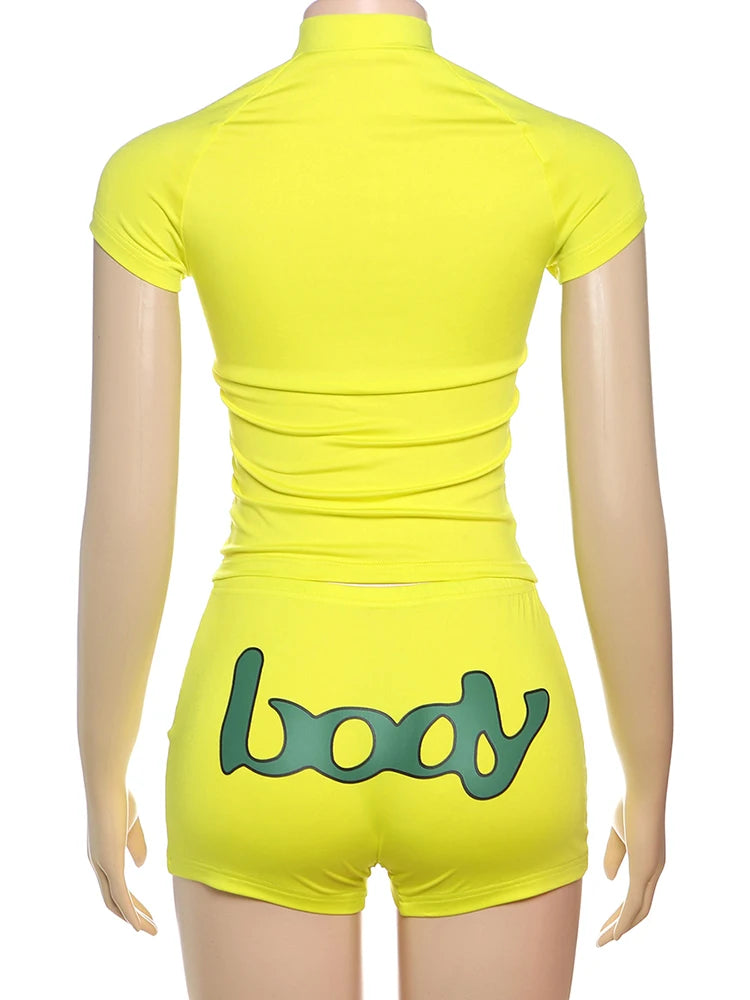Women's Casual Sporty 2 Piece Set Women Letter Print Zip Crop Tops + Skinny Stretch Shorts Matching Simple Fashion Tracksuits