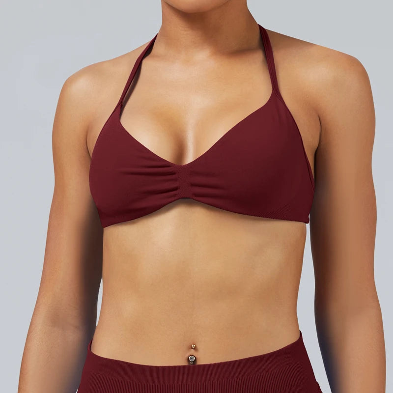 Seamless High Support Impact Yoga Bra Women Strappy Sport Bra Thin Strap Halter Workout Tank Fitness Top Gym Wear