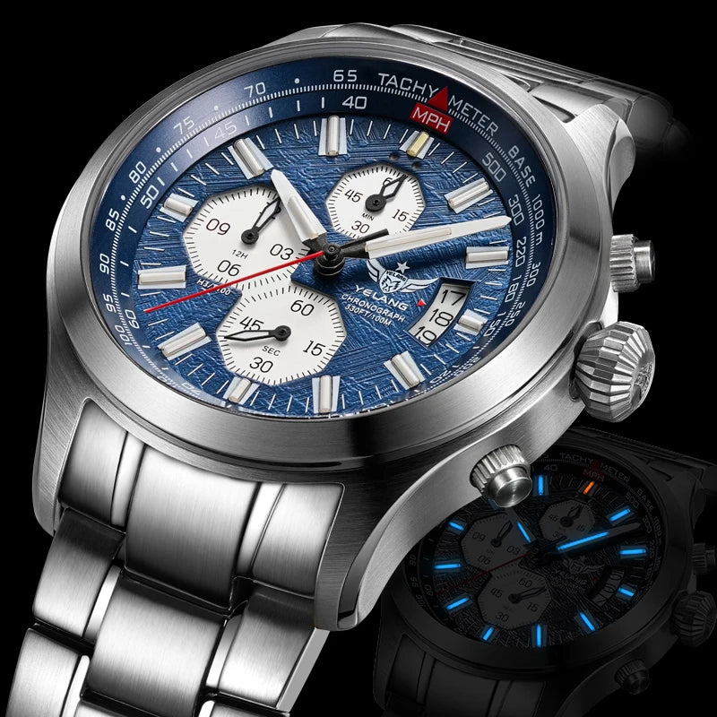Yelang Men's Three Eyes Six Needles Japan OS00 Movement 100M Water Resistant Waterproof Diving Stainless Steel Quartz Watch