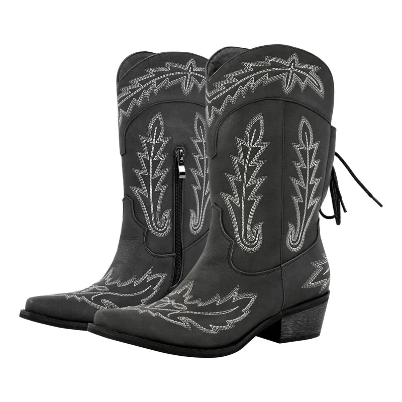 Women Pointed Toe Black Embroidery Western Boots Tapered Heel Round Up Mid-Calf Western Cowgirl Boots