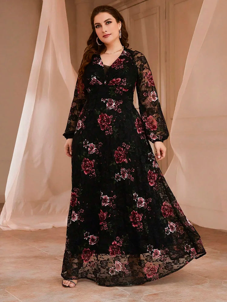 Spring Summer Lace Mesh Floral Print Lantern Sleeve Women Clothing 2024 New Plus Size Luxury Elegant Party Evening Dress