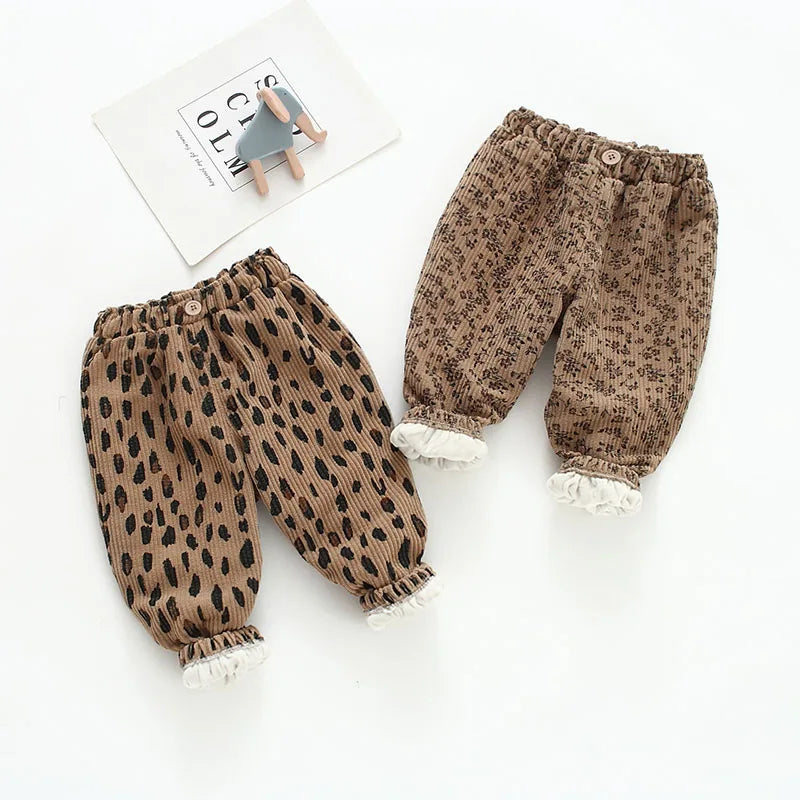New Autumn Girls Boys Casual Pants Leopard Print Kids Corduroy Pants Loose Korean Version Fashion Children Trousers 1-8T Unisex