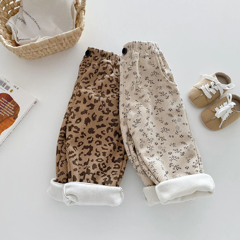 Autumn Kids Baby Pants Thickened Fleece Lining Floral Girls Trousers Warm Fashion Leopard Print Boys Pants Outwear 1-5Y Unisex