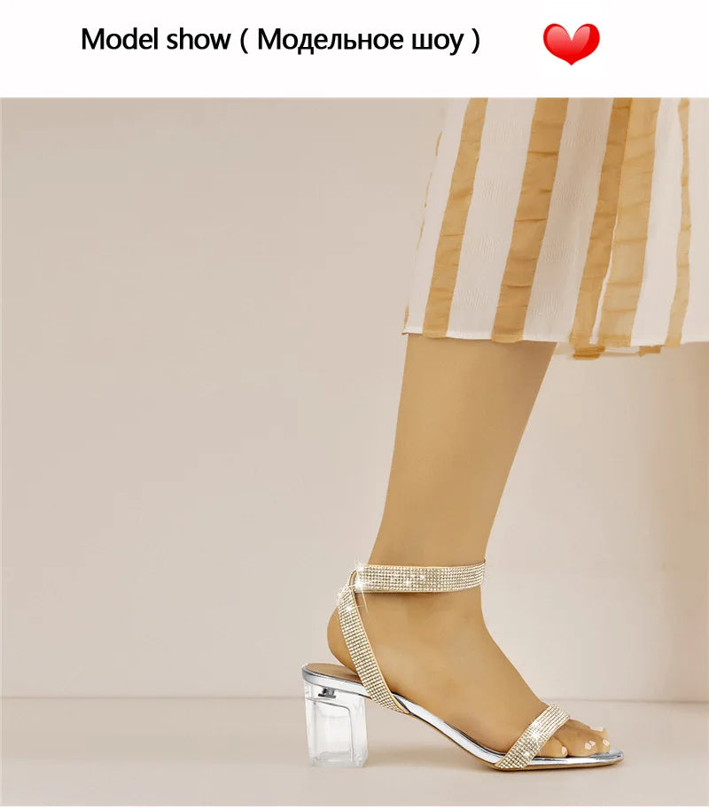 Women Peep Toe Rhinestone Strap Clear Block Chunky Sandals Transparent Perspex Chunky Heels Summer Sandals