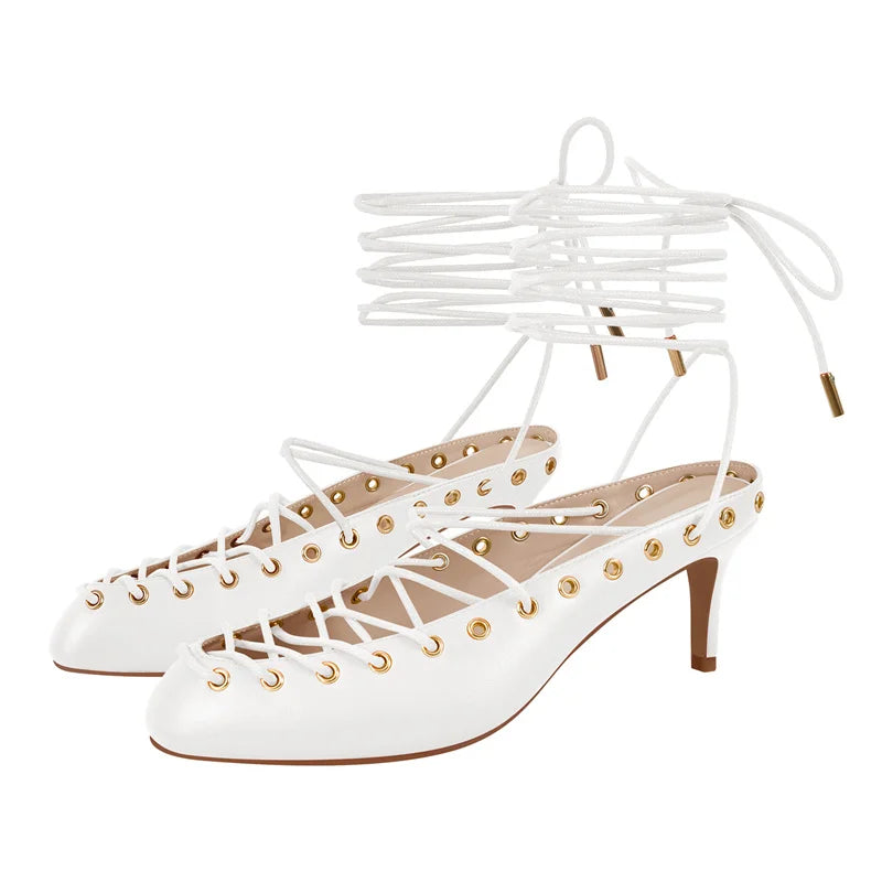 Women White Closed ToeLace Up Mules Kitten Heel Stiletto Summer Sandals Coeset Heels